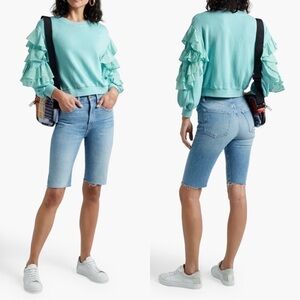 NWT ALICE + OLIVIA Evalyn Cropped Ruffled French Cotton-Blend Terry Sweatshirt M